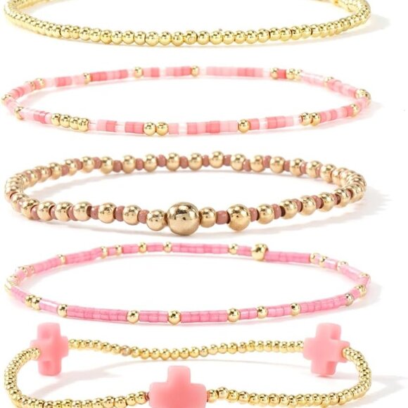 Elegant Pink Gold Beaded Bracelets - Stackable Christian & Friendship Jewelry - Picture 1 of 5